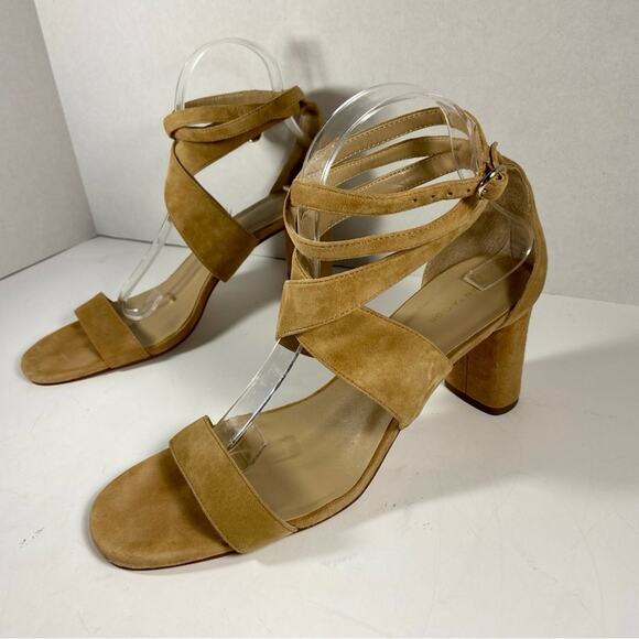 ANN TAYLOR women heels 9 tan suede strappy block square toe bridal date night - Picture 1 of 9